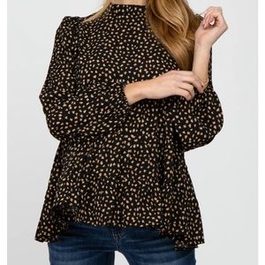 Maternity Top: Black Animal Print Mock Neck Tiered